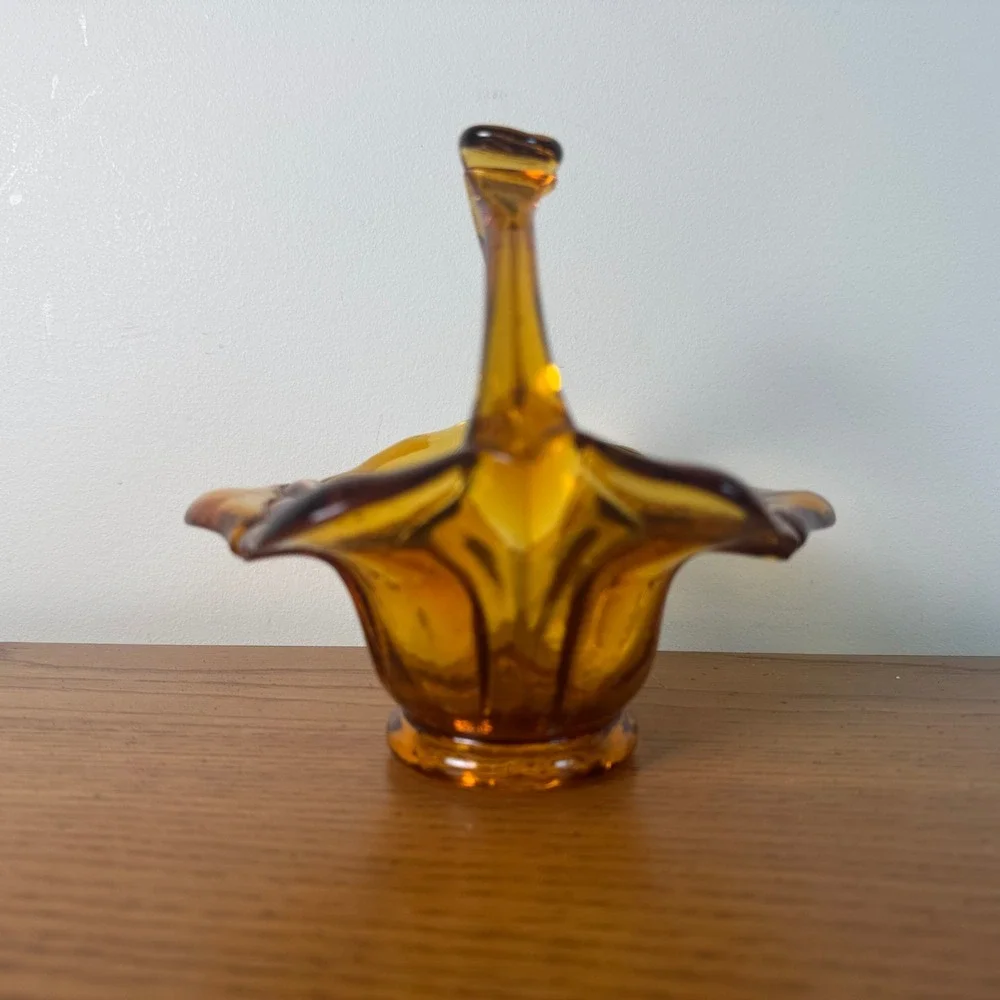 Amber Glass Basket Decorative Candy Dish Collectible Vintage‎ Handled Vase